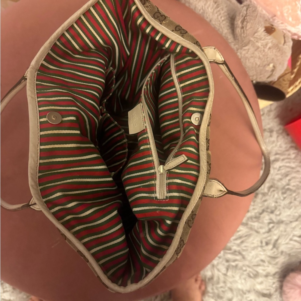 Gucci Beige and Brown Tote with Red and Green Stripes inside